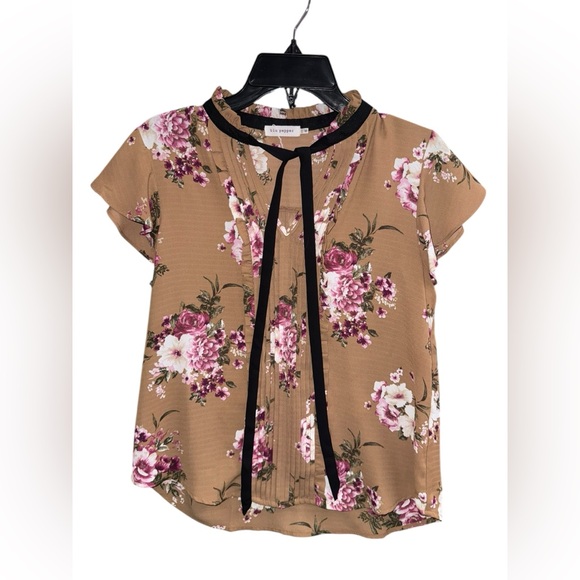 Blu Pepper Tan Floral Short Sleeve Blouse Top Size Medium - Picture 4 of 5